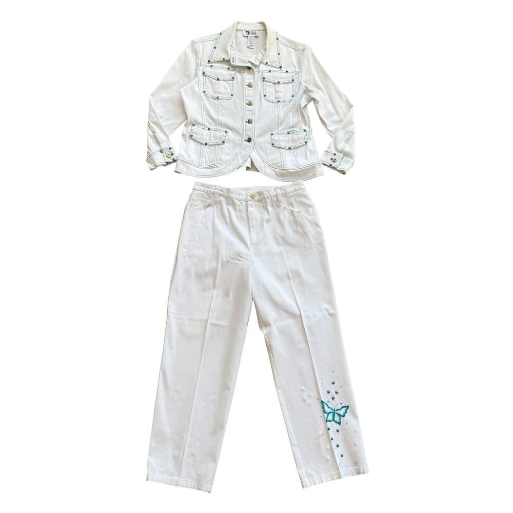 Maggie Sweet White Denim 2 Piece Set Turquoise Studded Petite Medium Pants 14